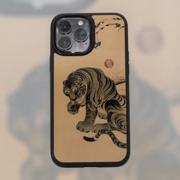 漆職人手仕上げ　蒟醤スマホケース　伊藤若冲　虎の絵